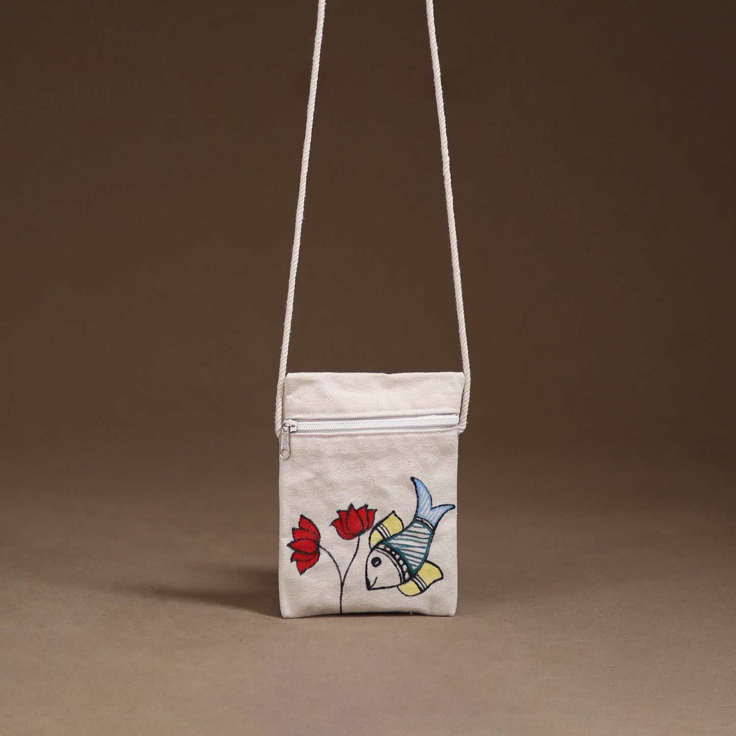 White - Madhubani Handpainted Mobile Sling Bag 23