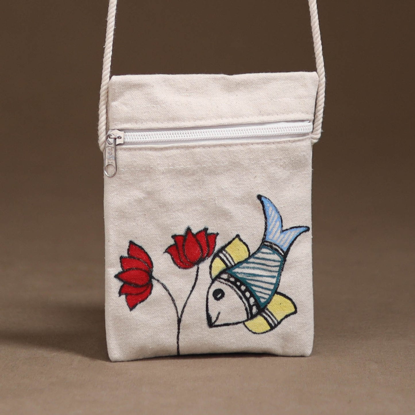 White - Madhubani Handpainted Mobile Sling Bag 23