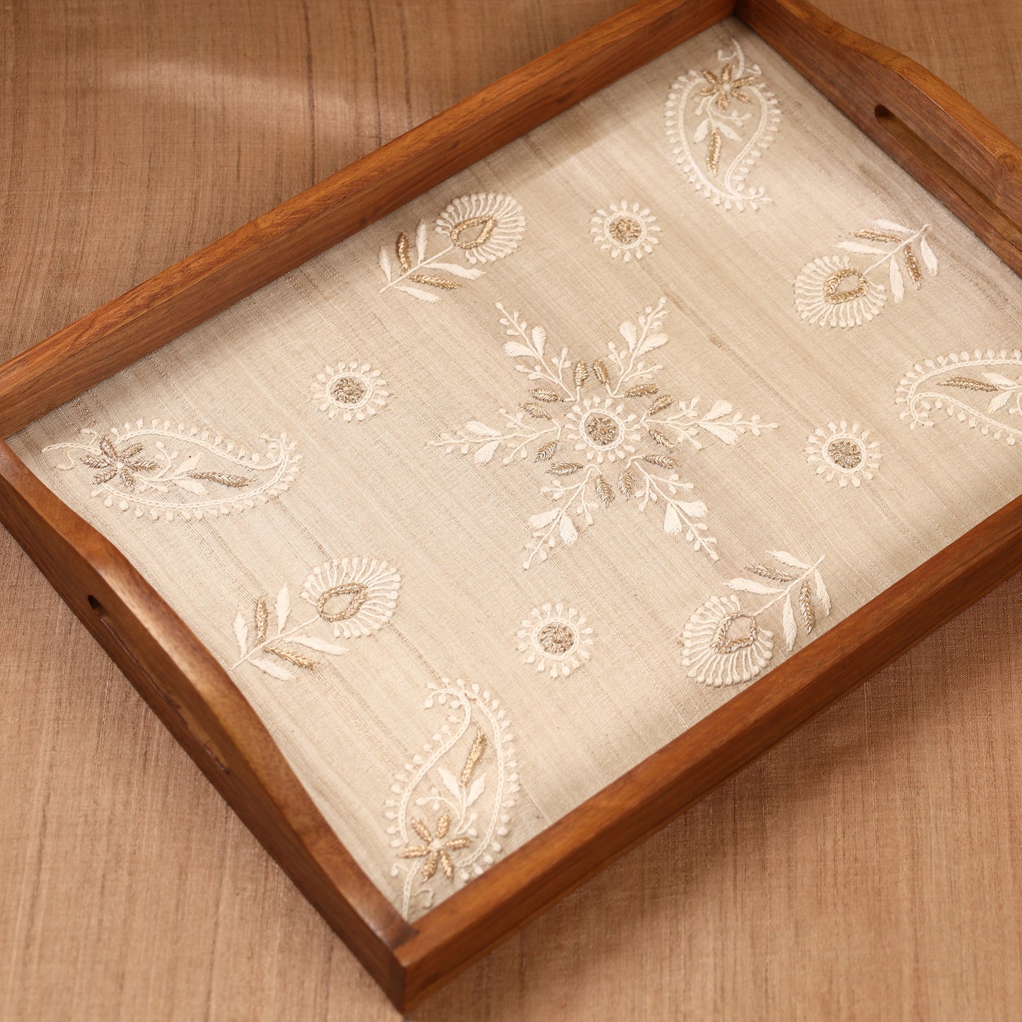 Chikankari Zari Hand Embroidered Sheesham Wood Tray