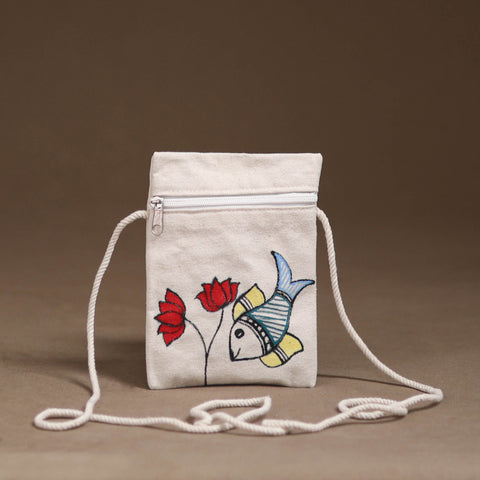 White - Madhubani Handpainted Mobile Sling Bag 23
