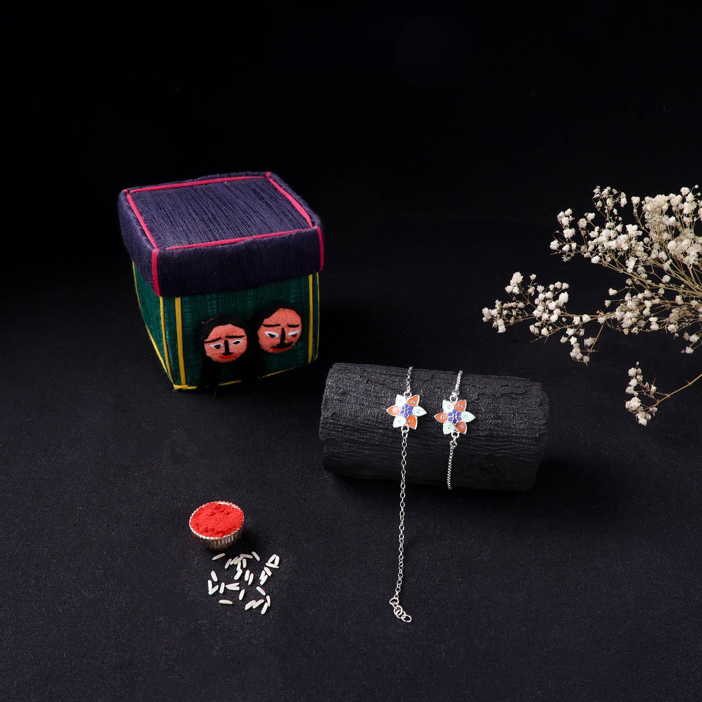 Handcrafted Meenakari Bhaiya Bhabhi Rakhi Set with Coir Box 110