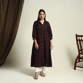 Collared Neck Buttoned Down Black Batik Print Cotton Kurta for Women