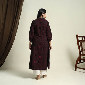 Collared Neck Buttoned Down Black Batik Print Cotton Kurta for Women