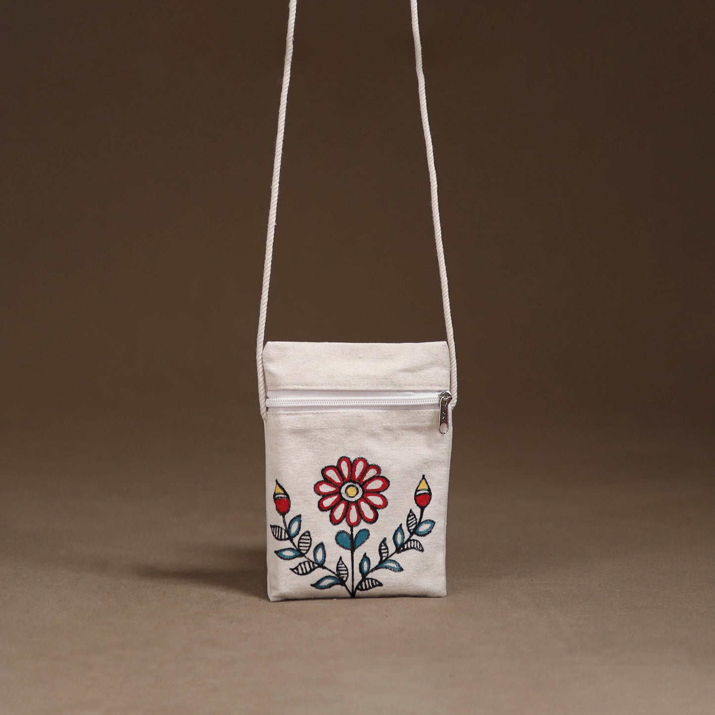 White - Madhubani Handpainted Mobile Sling Bag 26