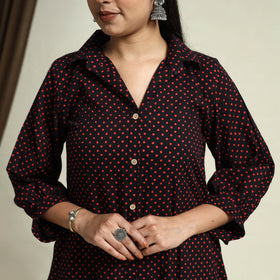 Collared Neck Buttoned Down Black Batik Print Cotton Kurta for Women