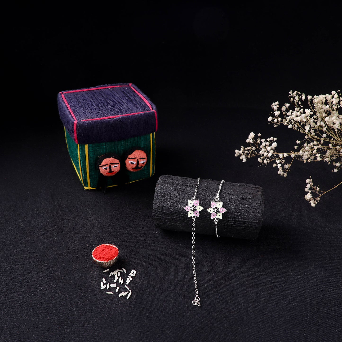 Handcrafted Meenakari Bhaiya Bhabhi Rakhi Set with Coir Box 113