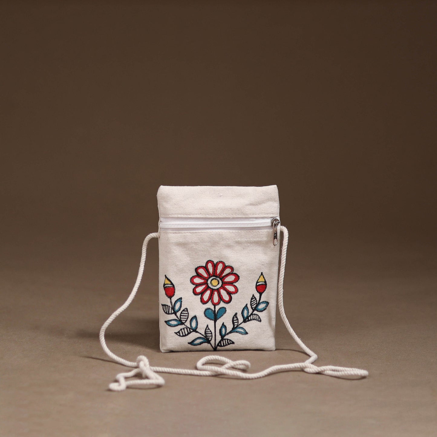 White - Madhubani Handpainted Mobile Sling Bag 26