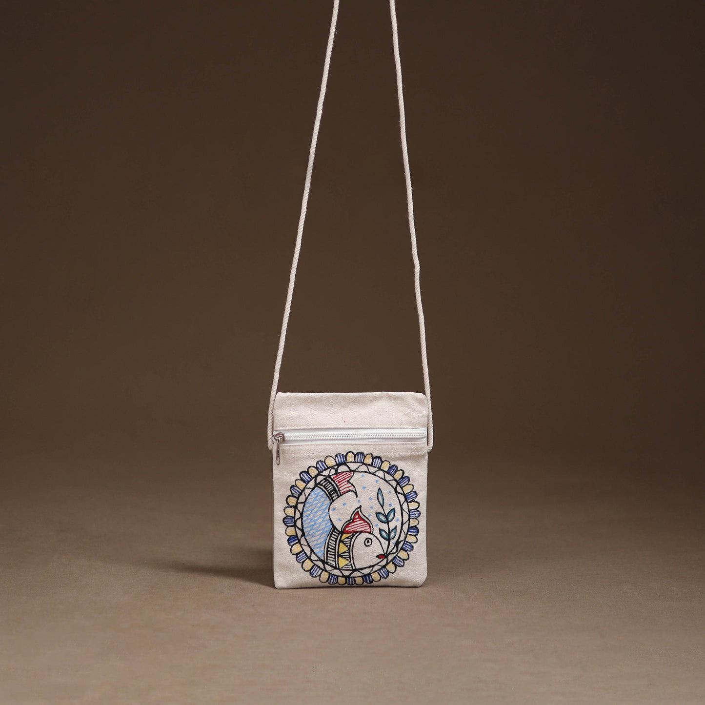 White - Madhubani Handpainted Mobile Sling Bag 27