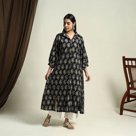 Collared Neck Buttoned Down Black Batik Print Cotton Kurta for Women