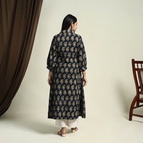 Collared Neck Buttoned Down Black Batik Print Cotton Kurta for Women