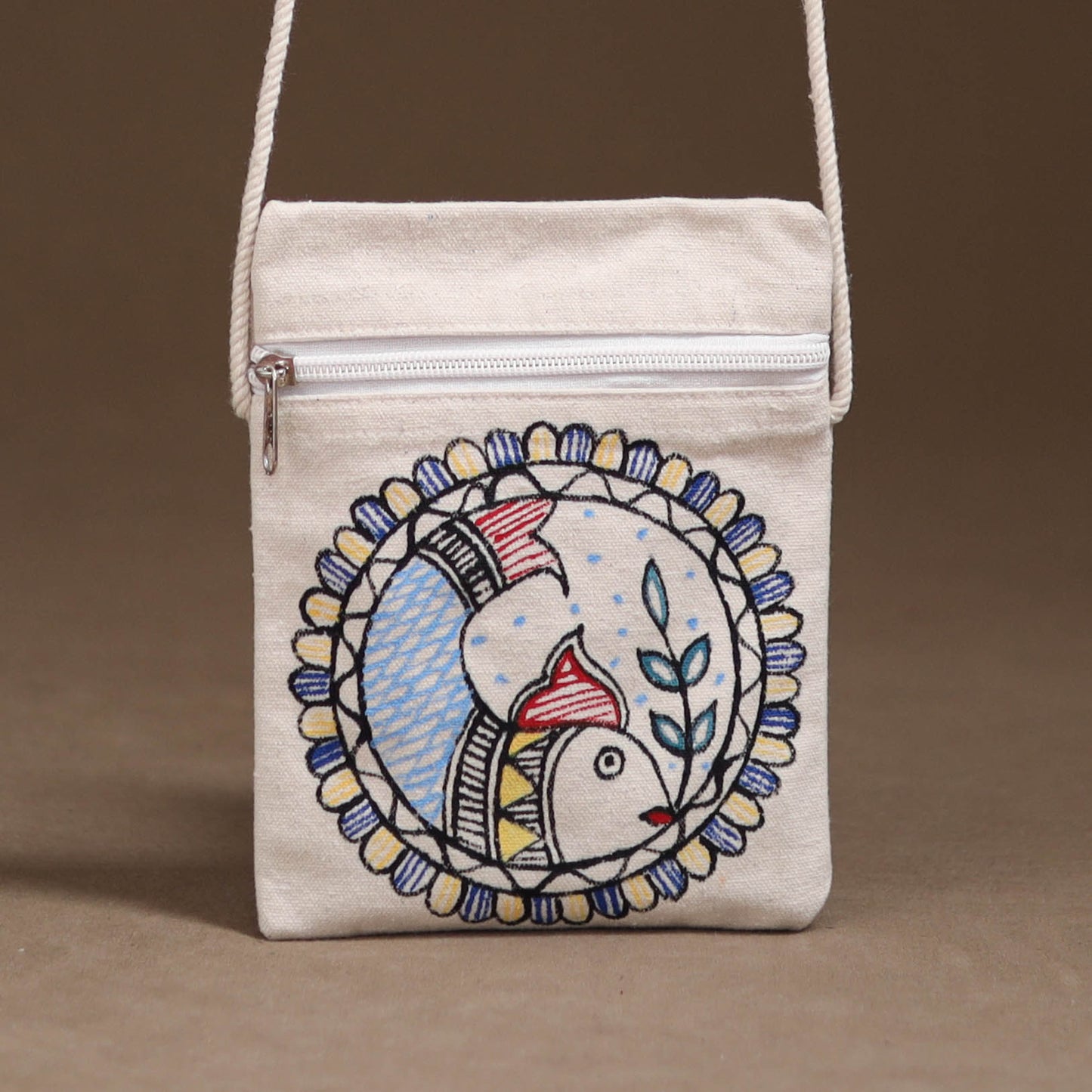White - Madhubani Handpainted Mobile Sling Bag 27