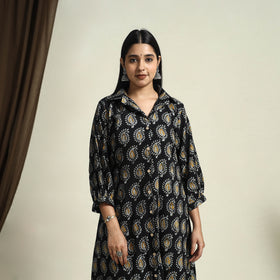 Collared Neck Buttoned Down Black Batik Print Cotton Kurta for Women