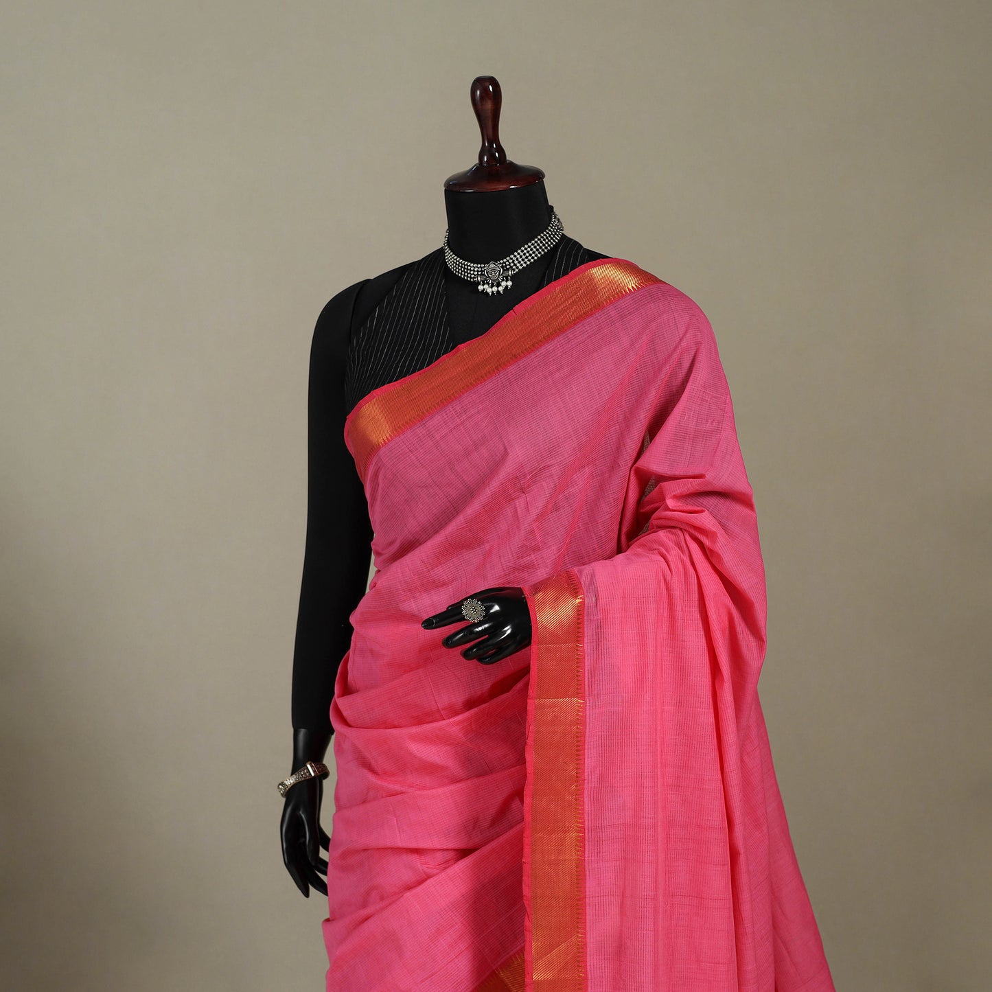 Pink Handloom Cotton Zari Border Mangalagiri Saree