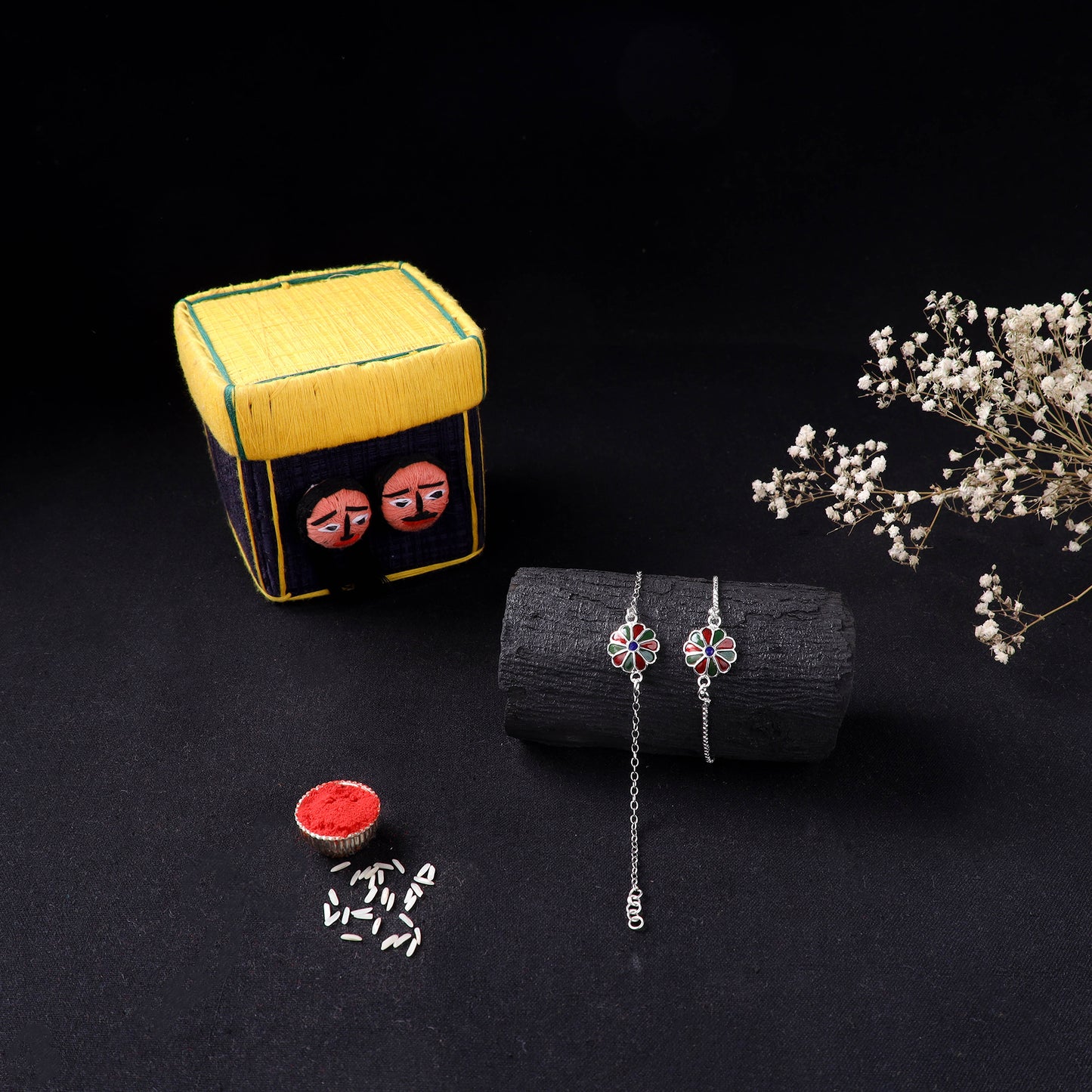 Handcrafted Meenakari Bhaiya Bhabhi Rakhi Set with Coir Box 123