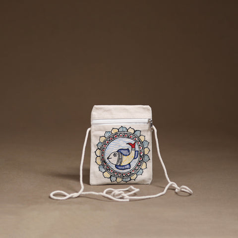 White - Madhubani Handpainted Mobile Sling Bag 31