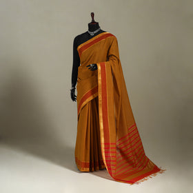 Brown Handloom Cotton Zari Border Mangalagiri Saree