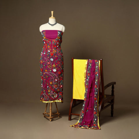 Purple - 3pc hand embroidery georgette unstitched phulkari