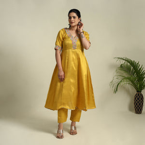 Yellow Lace Work Fine Tissue Zari Plain Anarkali Kurta Set for Women