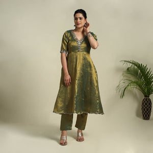 Green - Lace Work Fine Tissue Zari Plain Anarkali Kurta Set 14