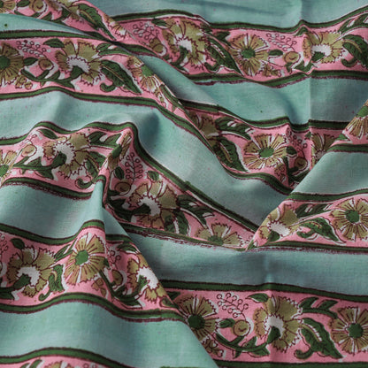 Floral Border With Green Sanganeri Block Printed Cotton Fabric