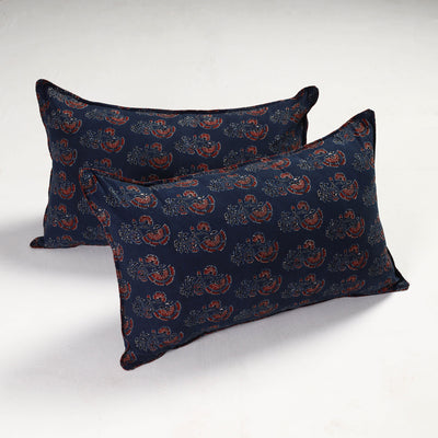 Blue - Set of 2 - Ajrakh Block Printed Cotton Pillow Covers (26 x 17 in)