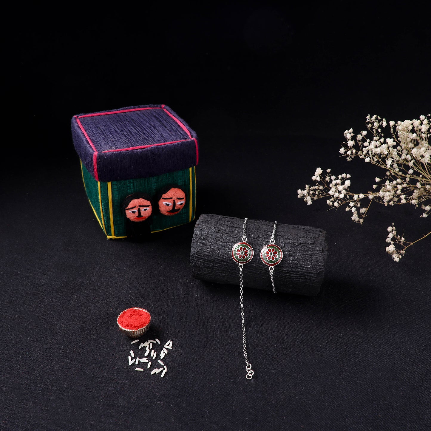 Handcrafted Meenakari Bhaiya Bhabhi Rakhi Set with Coir Box 138