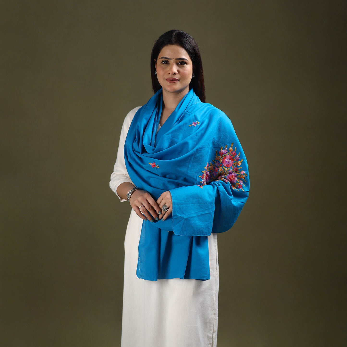 Blue - cotton kashida embroidery stole 27 - handcrafted