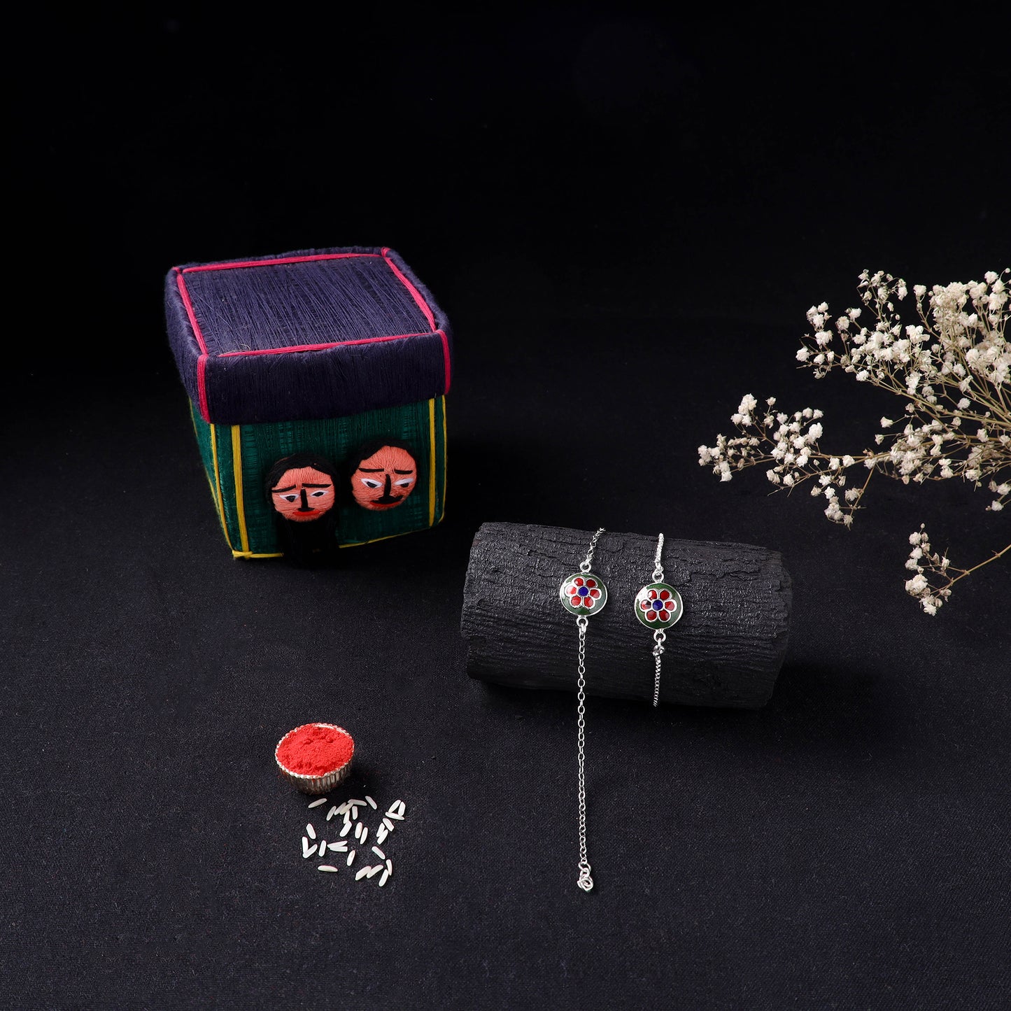 Handcrafted Meenakari Bhaiya Bhabhi Rakhi Set with Coir Box 143