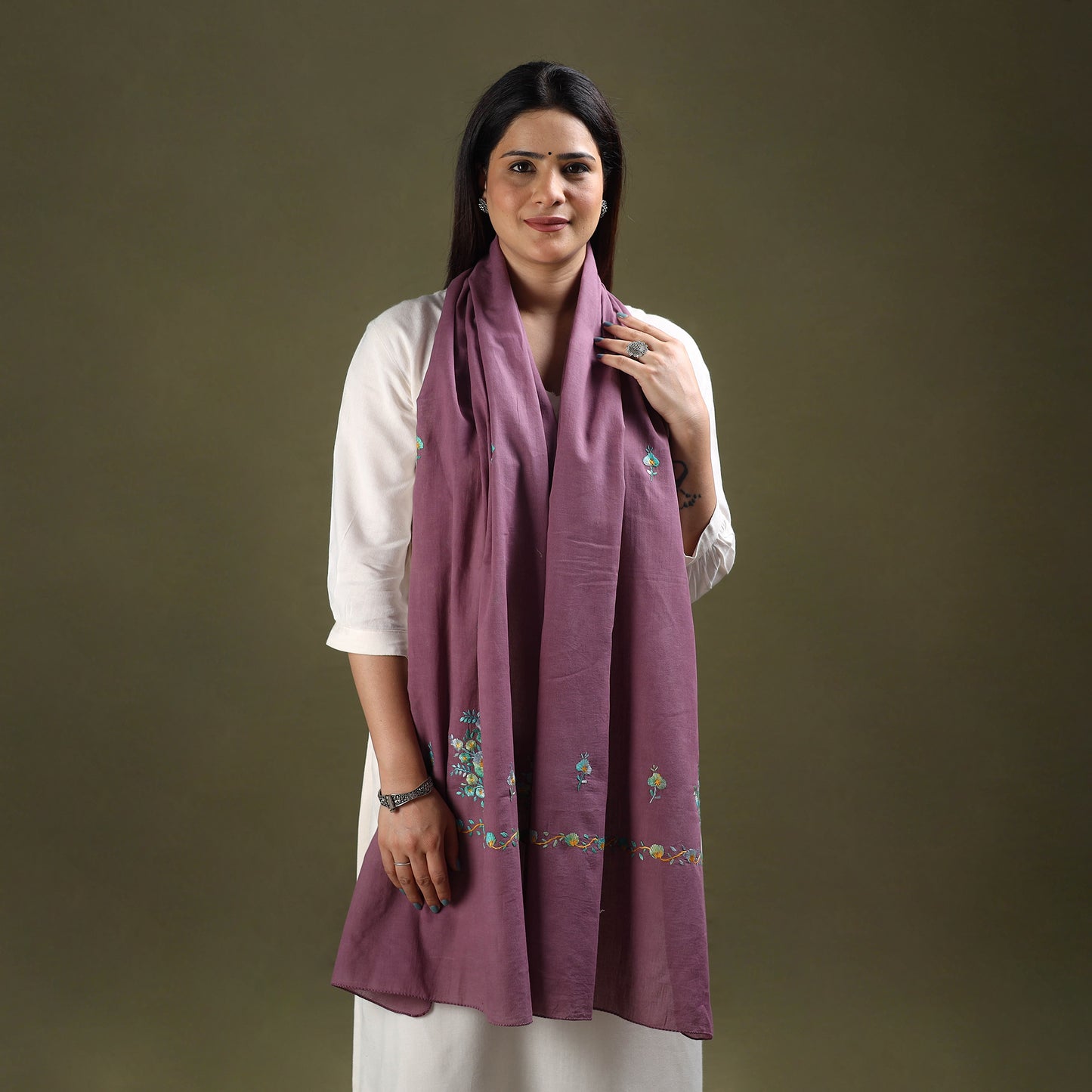 Purple - cotton kashida embroidery stole 25 - handcrafted