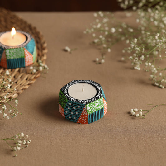 Hexagon - Handpainted Clay Candle Holders (Set of 2)