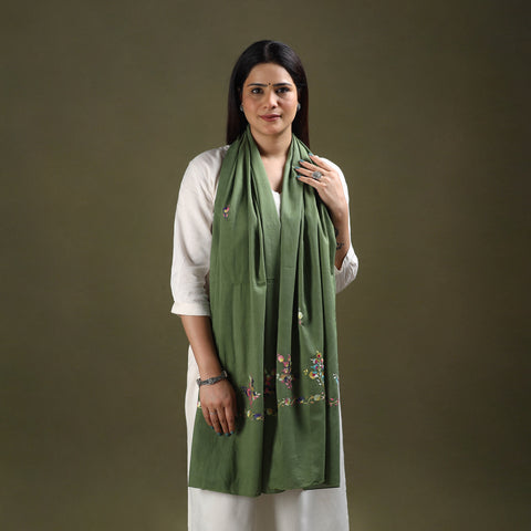 Green - cotton kashida embroidery stole 20 - handcrafted