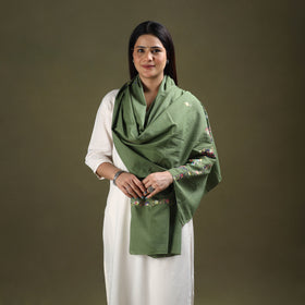 Green - cotton kashida embroidery stole 20 - handcrafted
