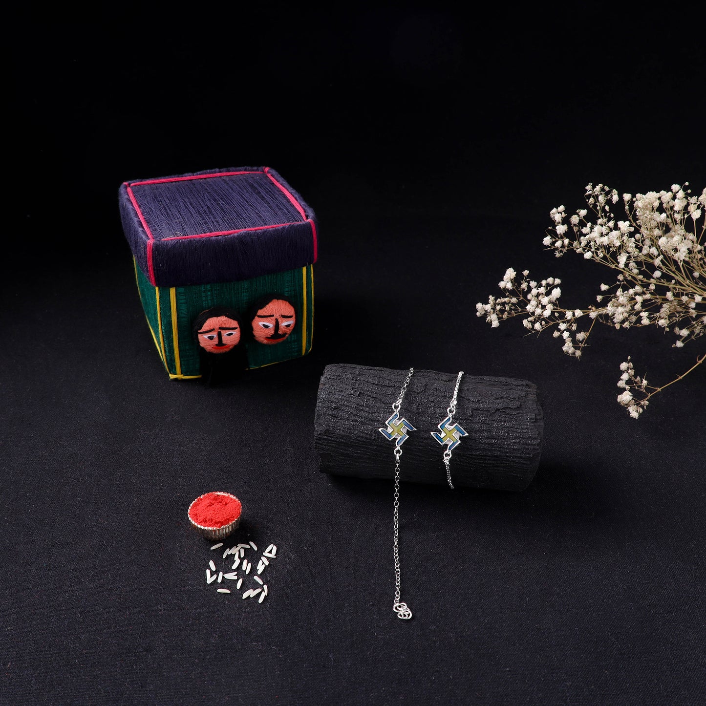 Handcrafted Meenakari Bhaiya Bhabhi Rakhi Set with Coir Box 155
