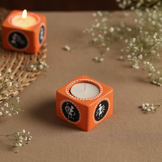 Square - Warli Handpainted Clay Candle Holders (Set of 2)