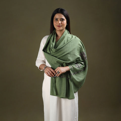 Green - cotton kashida embroidery stole 22 - handcrafted