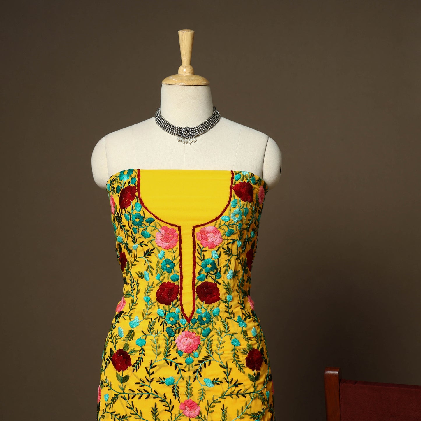 Yellow - 3pc hand embroidery georgette unstitched phulkari