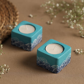  Square - Warli Handpainted Clay Candle Holders (Set of 2) Online in India l iTokri.com 