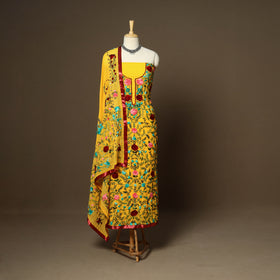 Yellow - 3pc hand embroidery georgette unstitched phulkari