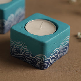  Square - Warli Handpainted Clay Candle Holders (Set of 2) Online in India l iTokri.com 