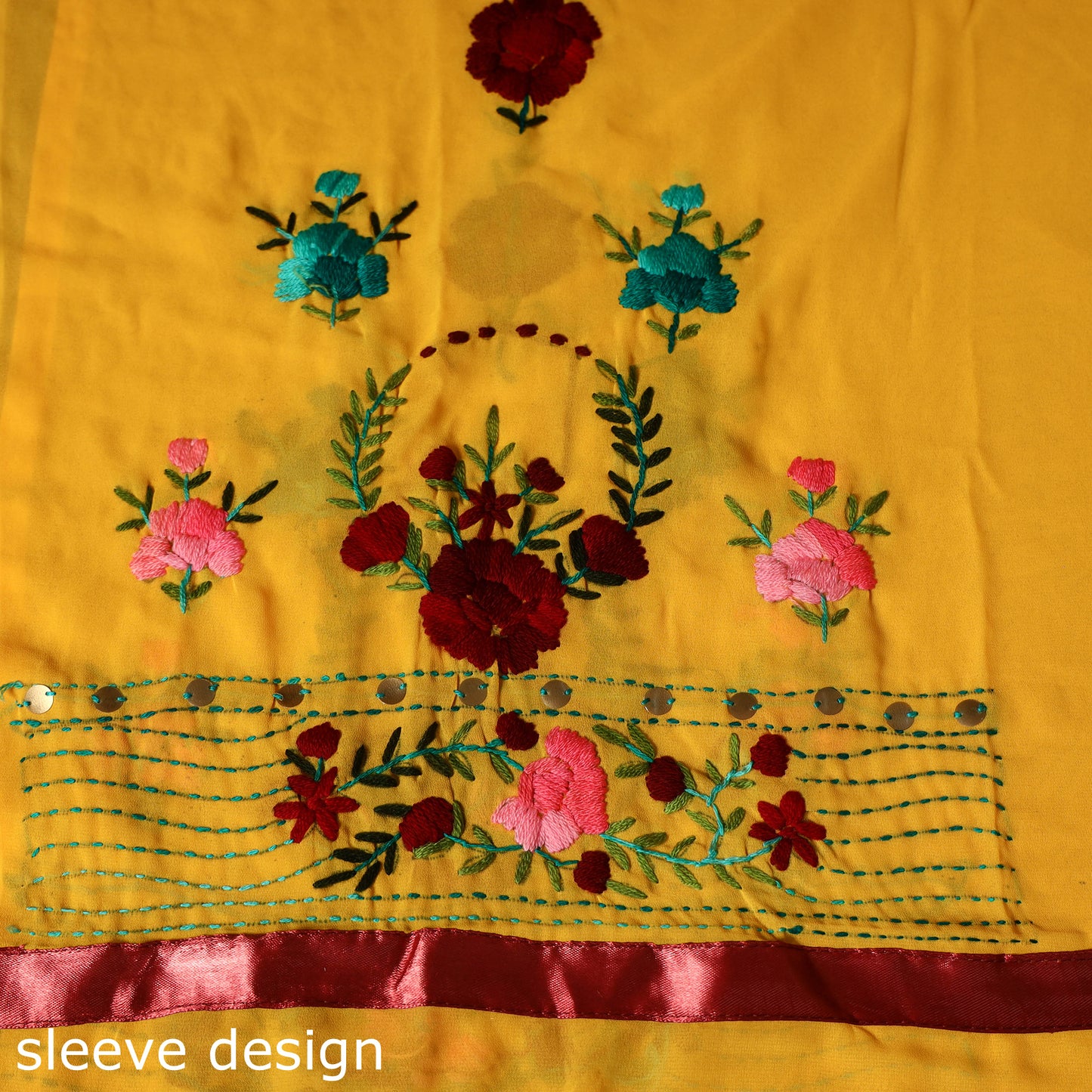 Yellow - 3pc hand embroidery georgette unstitched phulkari
