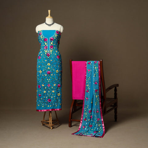 Blue - 3pc hand embroidery georgette unstitched phulkari