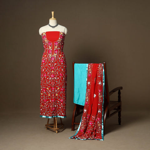 Red - 3pc hand embroidery georgette unstitched phulkari
