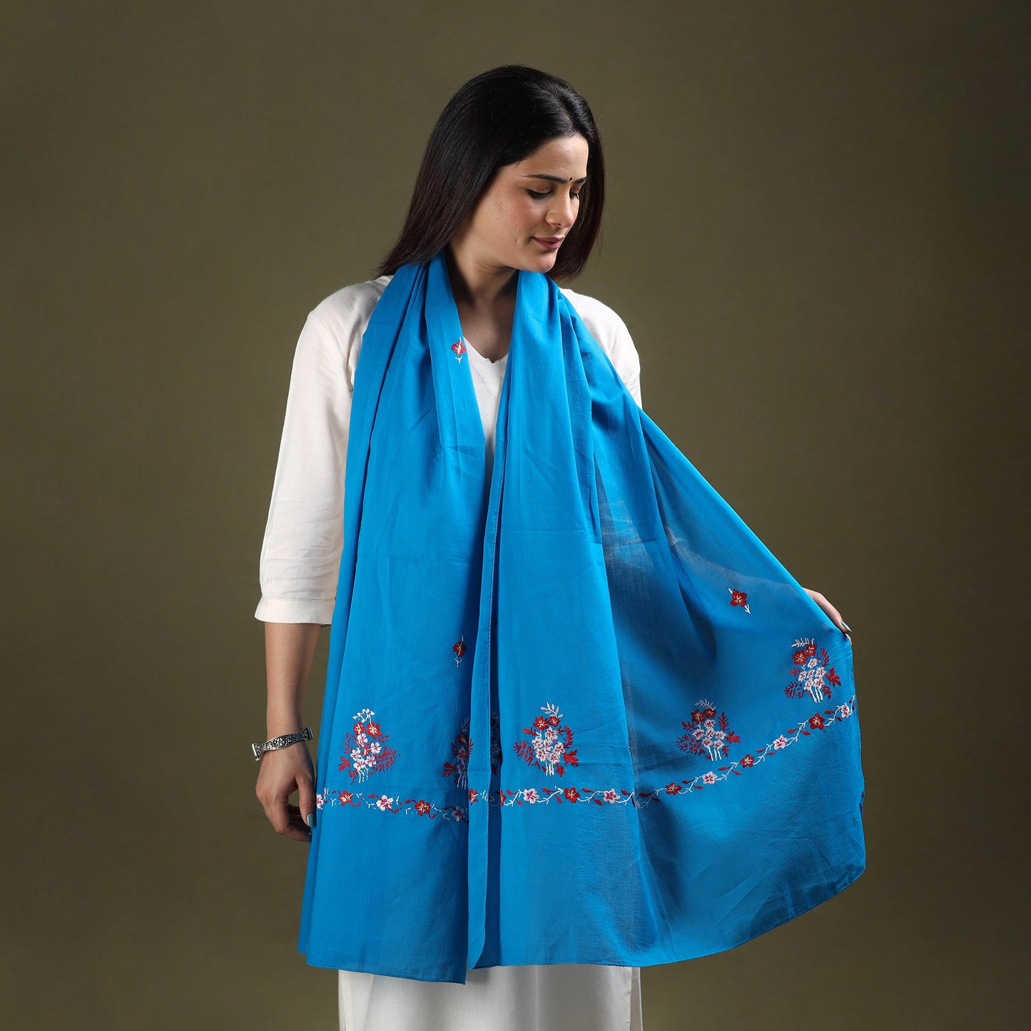 Blue - cotton kashida embroidery stole 24 - handcrafted