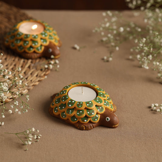 Tortoise - Handpainted Clay Candle Holders (Set of 2)