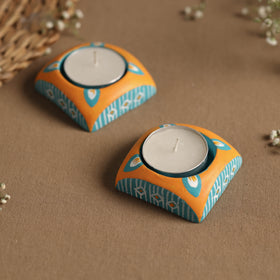  Hexagon - Handpainted Clay Candle Holders (Set of 2) Online in India l iTokri.com 
