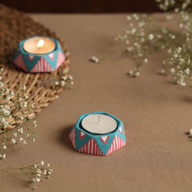  Hexagon - Handpainted Clay Candle Holders (Set of 2) Online in India l iTokri.com 