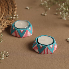  Hexagon - Handpainted Clay Candle Holders (Set of 2) Online in India l iTokri.com 