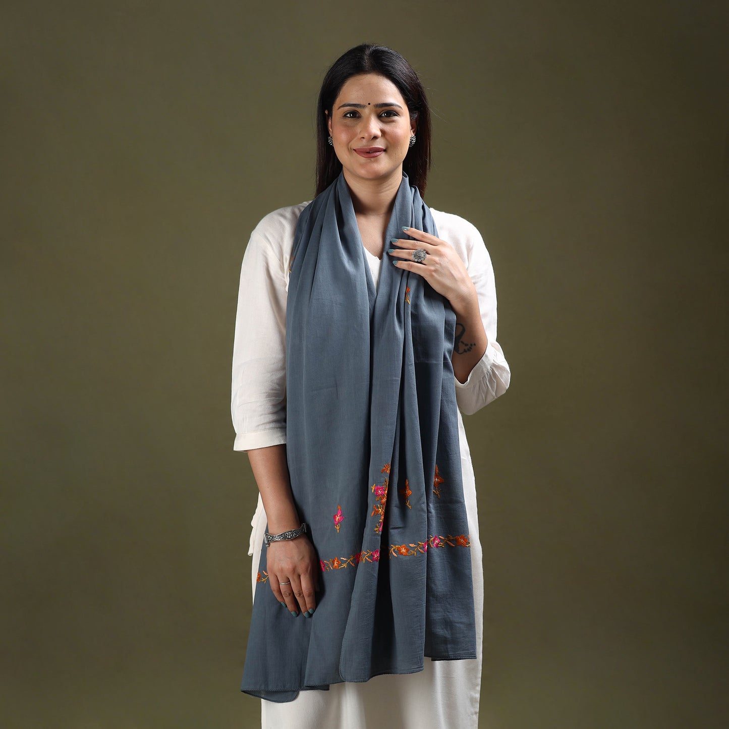 Buy Grey Cotton Kashida Embroidery Stole