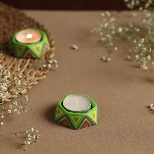 Hexagon - Handpainted Clay Candle Holders (Set of 2)