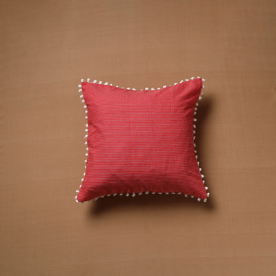 Pink - Running Stitch Plain Cushion Cover with Pom Pom (16 x 16 in) 02